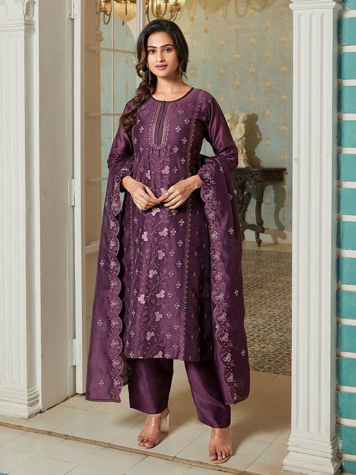Wine Semi Silk Suit Set with Dupatta