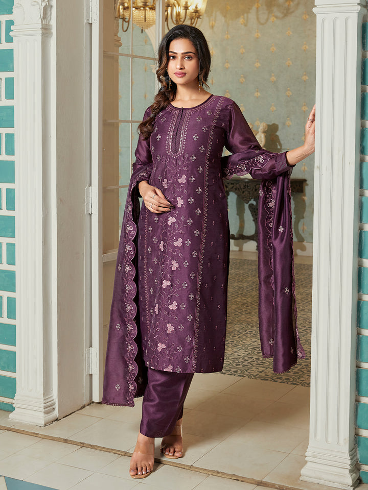 Wine Semi Silk Suit Set with Dupatta