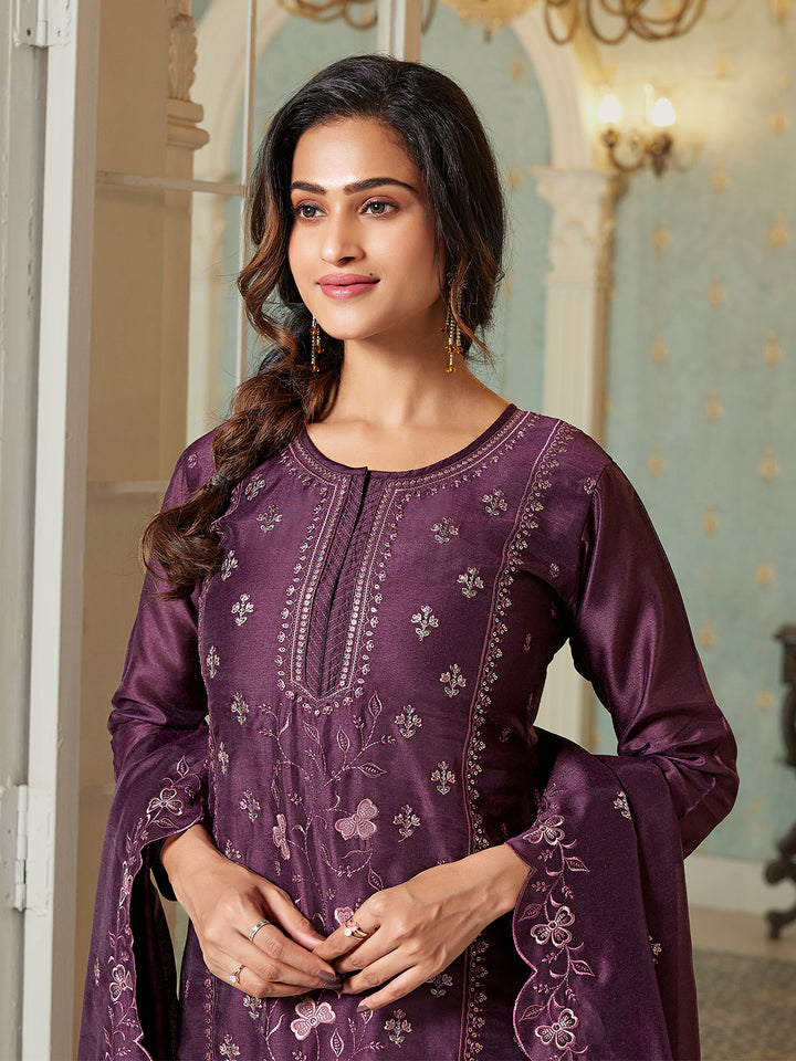 Wine Semi Silk Suit Set with Dupatta