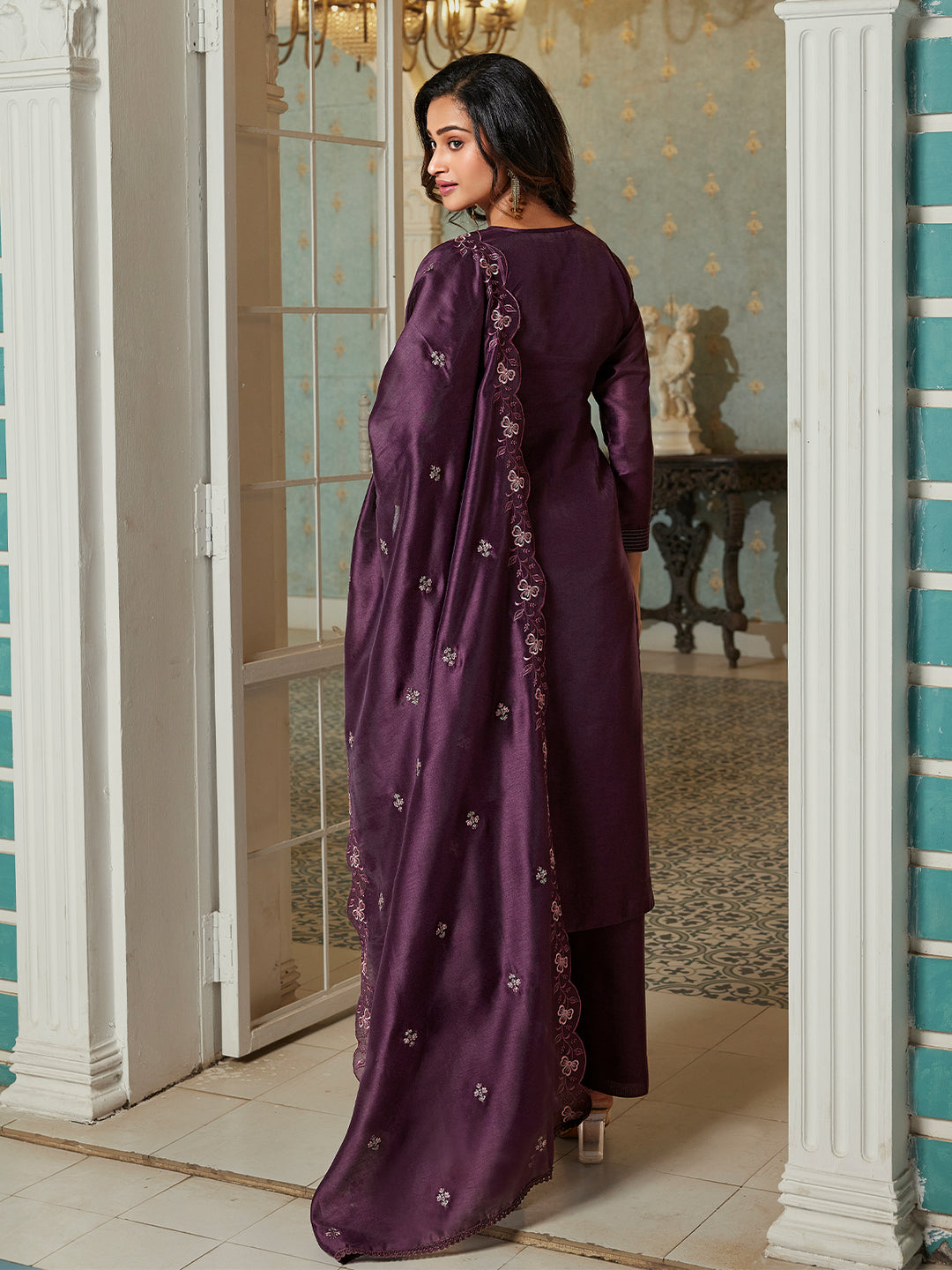 Wine Semi Silk Suit Set with Dupatta