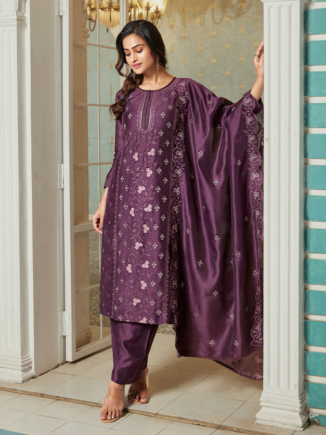 Wine Semi Silk Suit Set with Dupatta