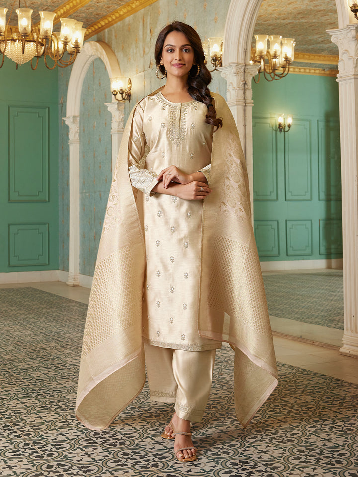 Champagne Beige Semi Silk Suit Set with Dupatta