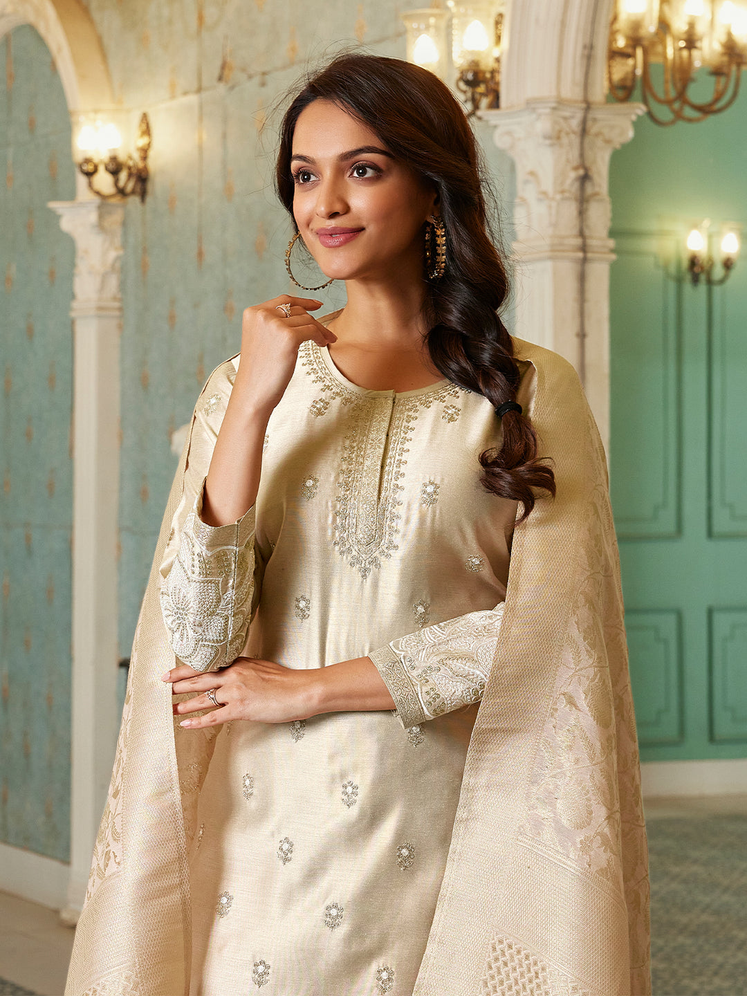 Champagne Beige Semi Silk Suit Set with Dupatta