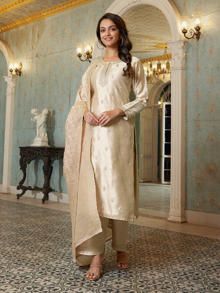 Champagne Beige Semi Silk Suit Set with Dupatta
