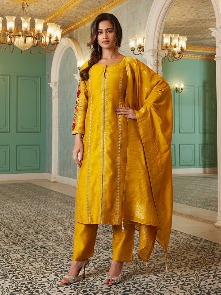 Mustard Yellow Semi Silk Suit Set with Dupatta