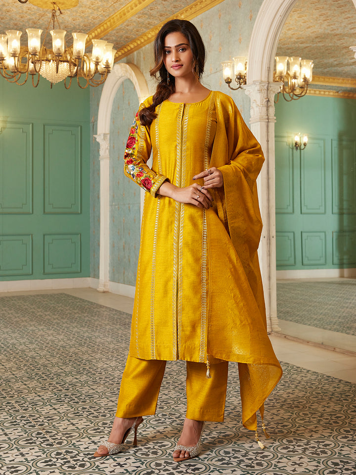 Mustard Yellow Semi Silk Suit Set with Dupatta