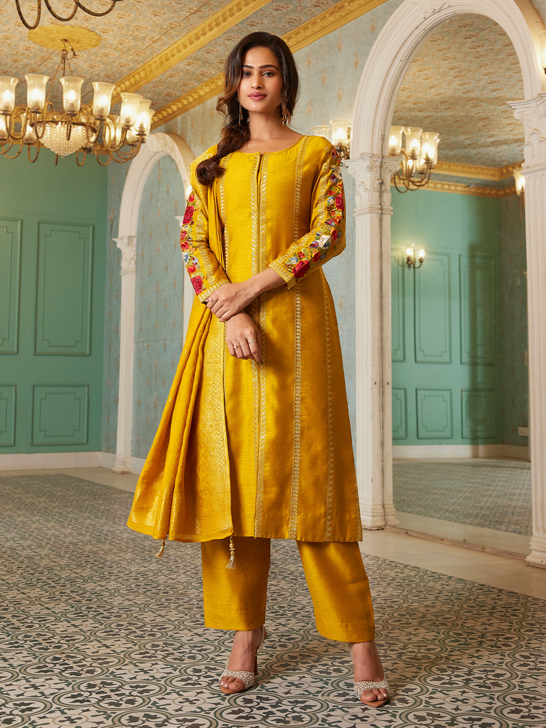 Mustard Yellow Semi Silk Suit Set with Dupatta
