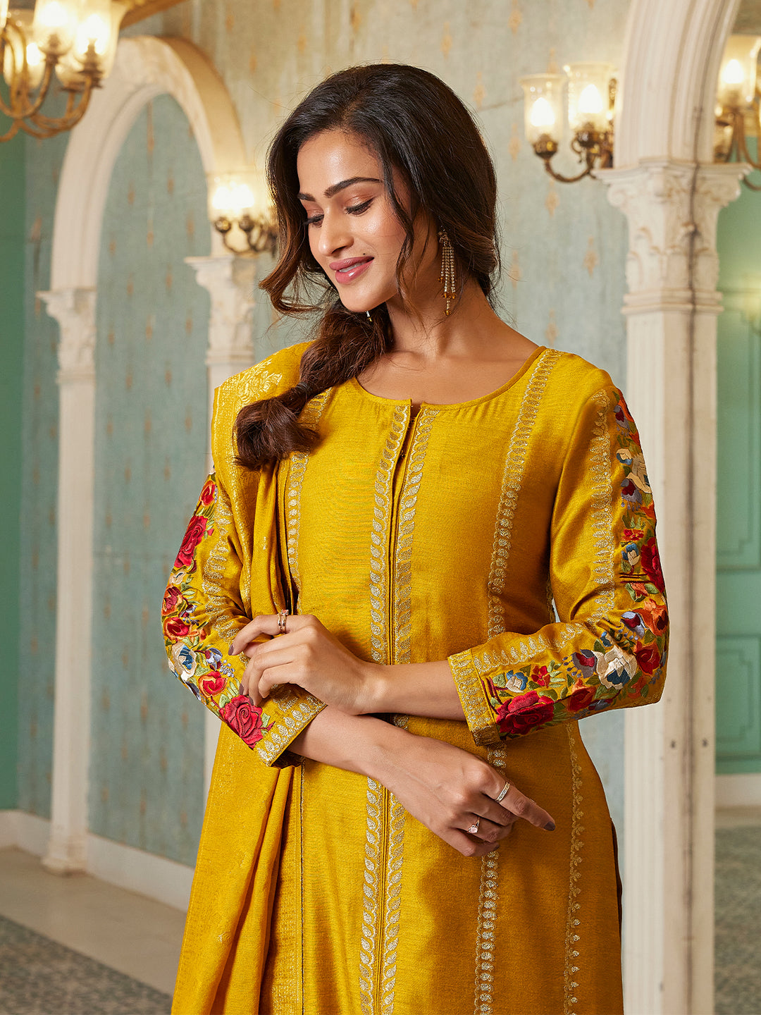 Mustard Yellow Semi Silk Suit Set with Dupatta
