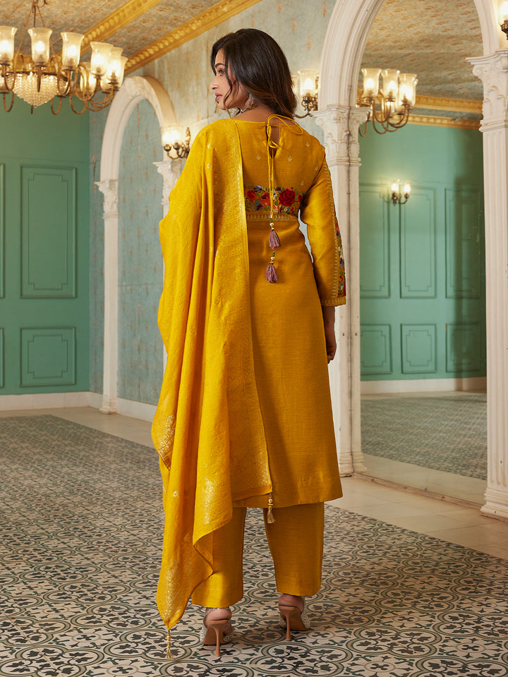 Mustard Yellow Semi Silk Suit Set with Dupatta