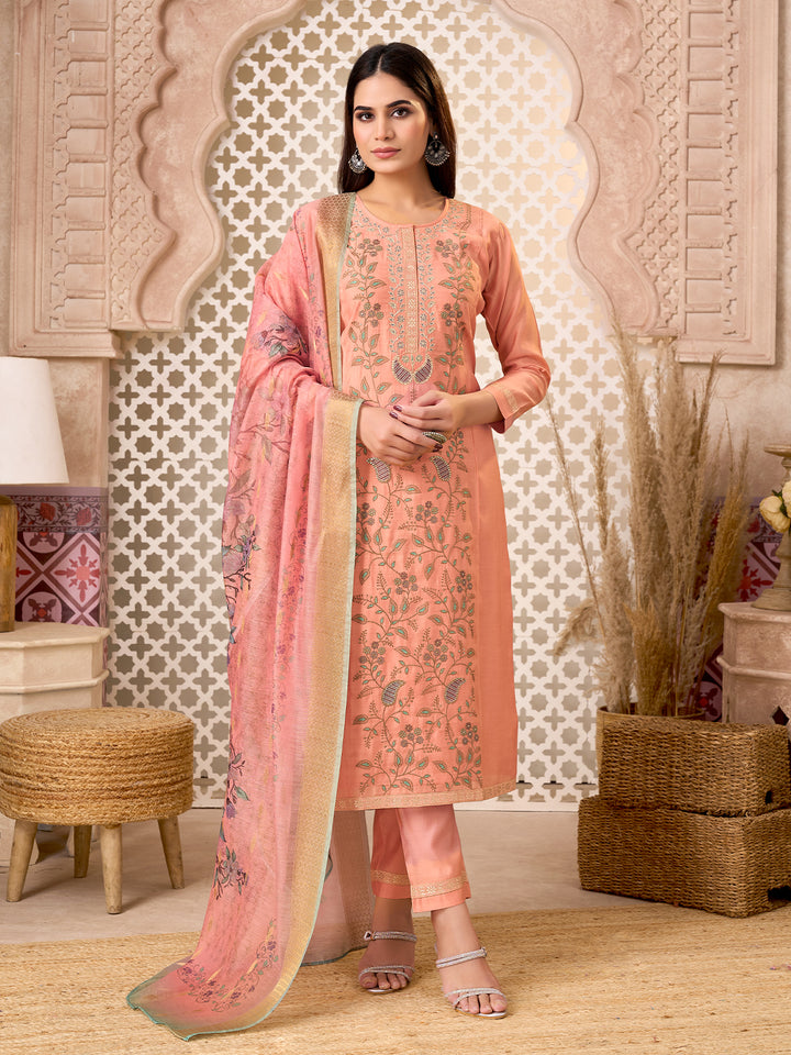 Peach Silk Blend Suit Set with Dupatta