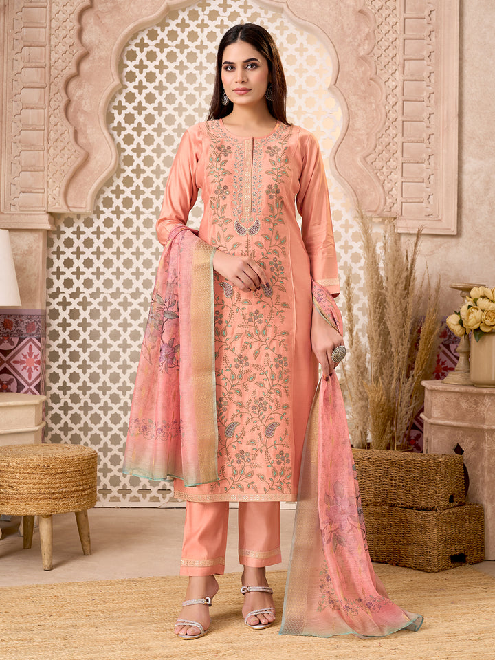 Peach Silk Blend Suit Set with Dupatta