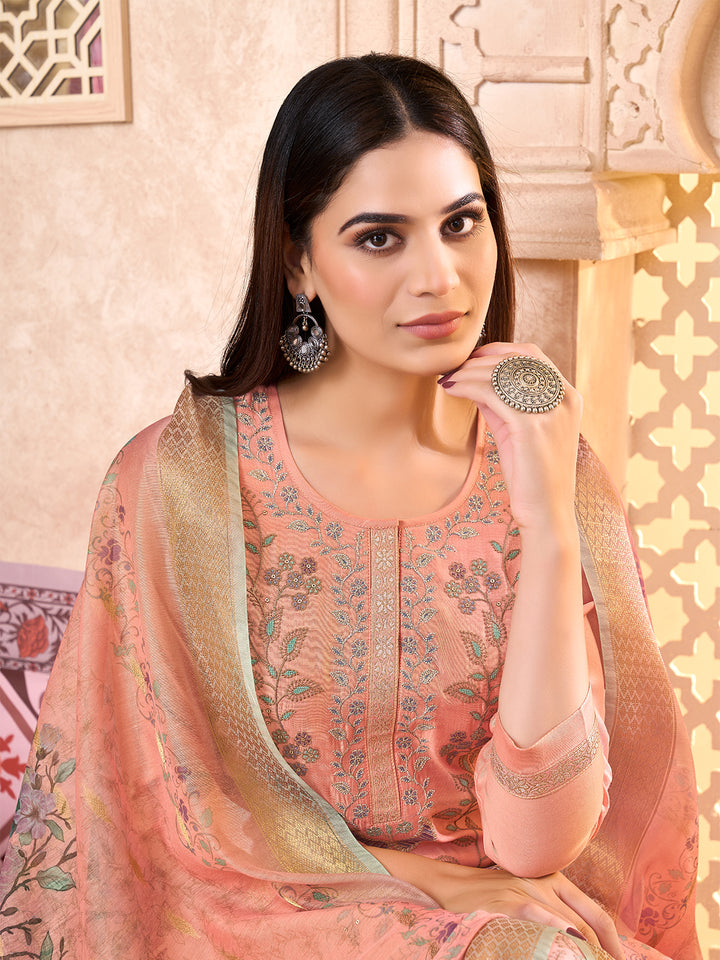 Peach Silk Blend Suit Set with Dupatta