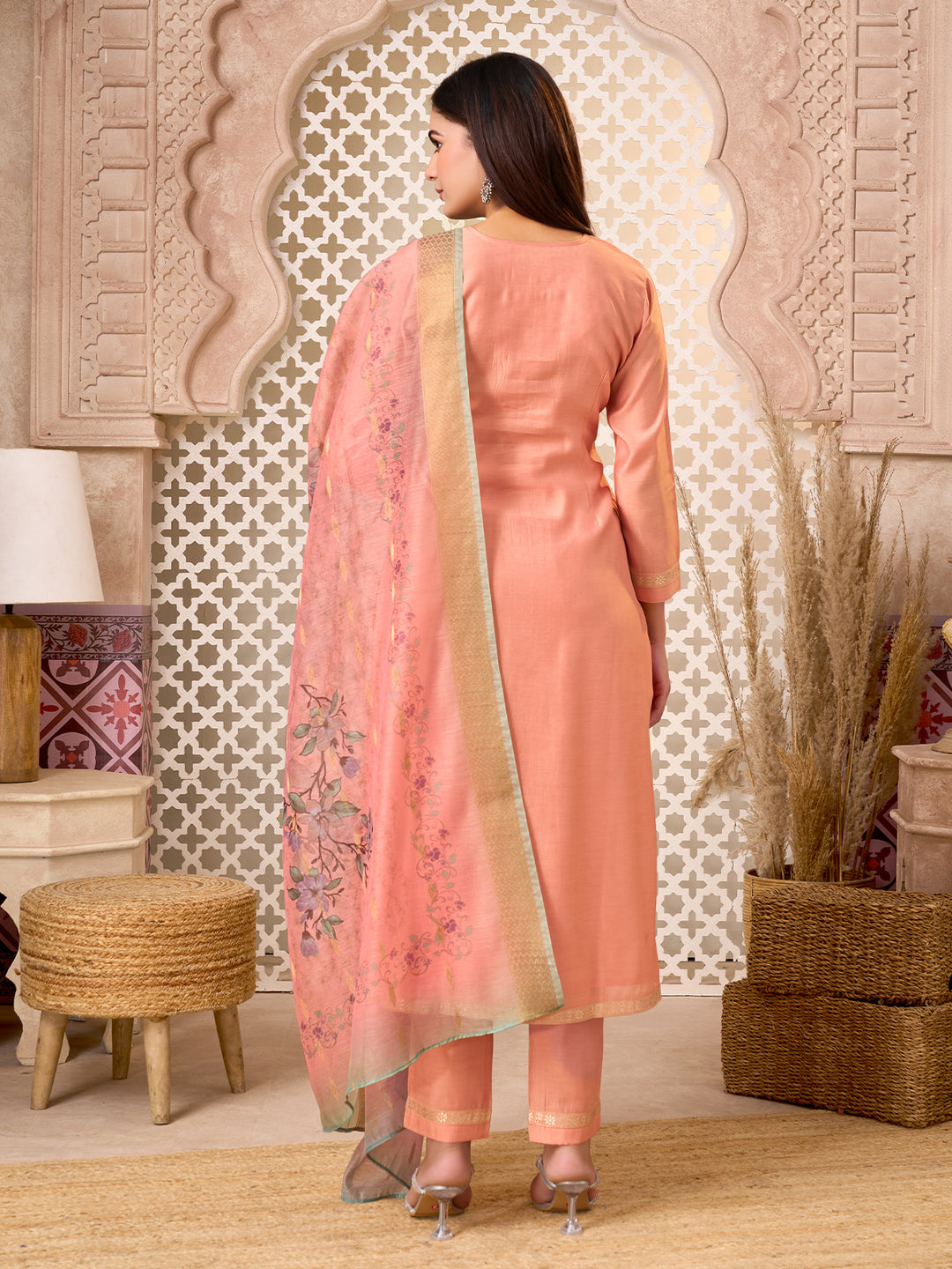 Peach Silk Blend Suit Set with Dupatta