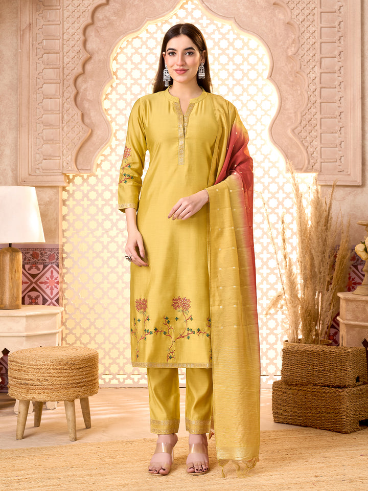 Yellow Silk Blend Suit Set with Dupatta