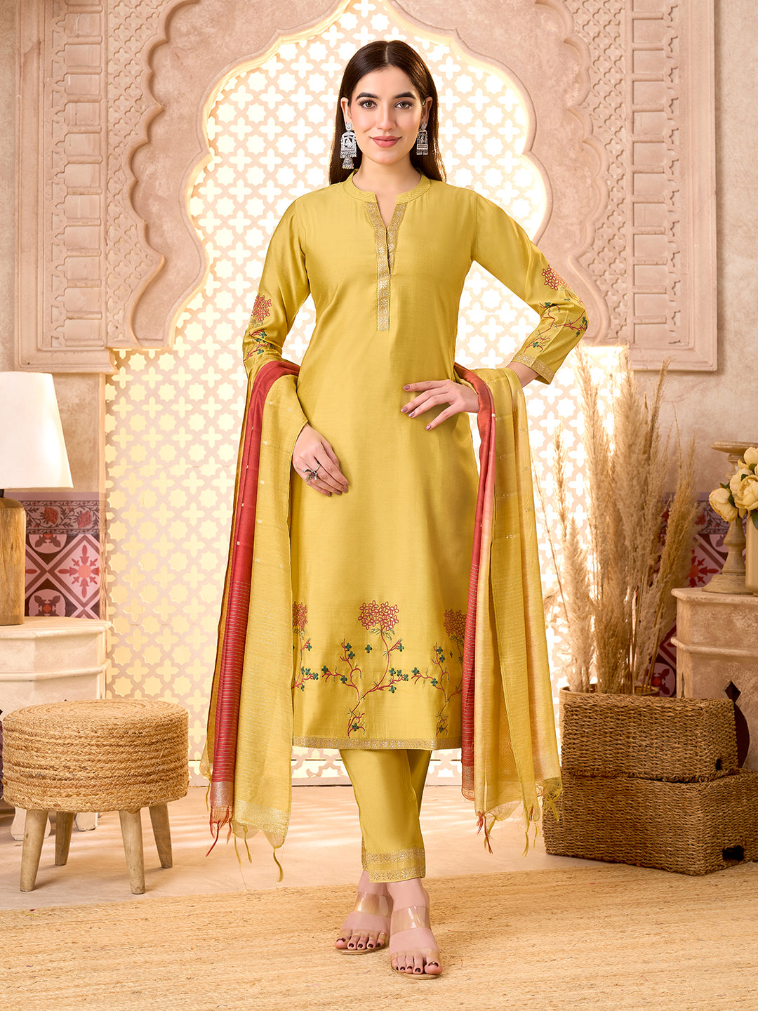Yellow Silk Blend Suit Set with Dupatta