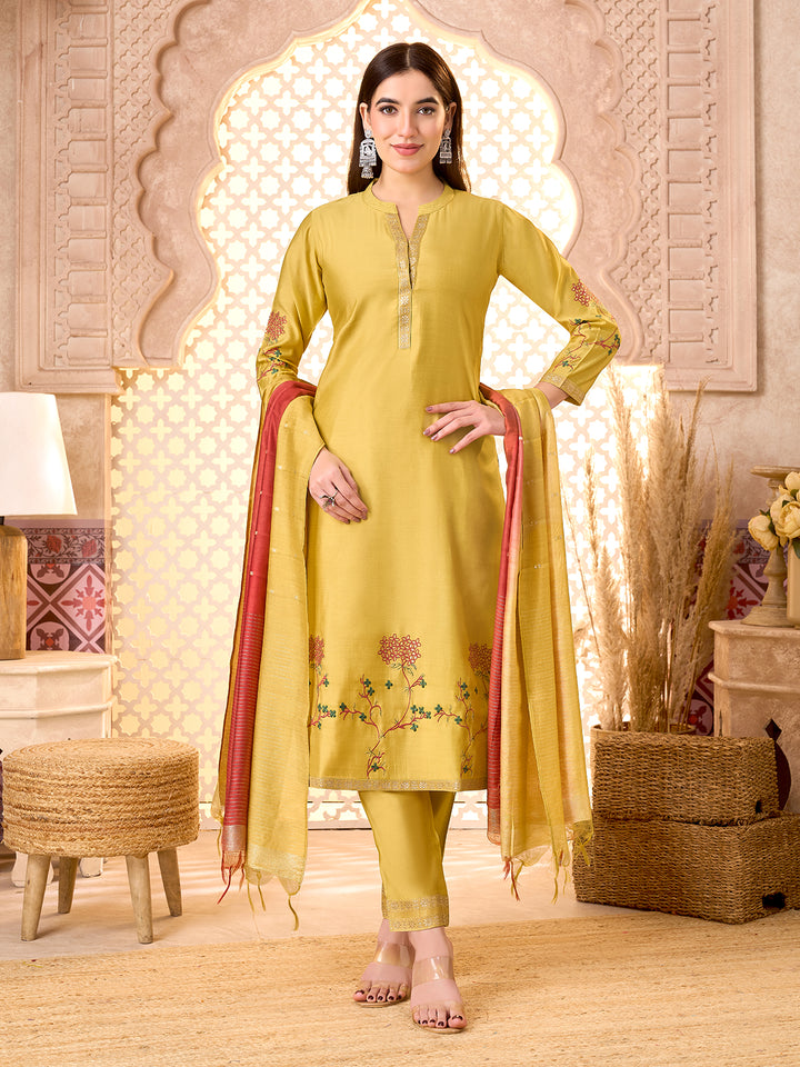 Yellow Silk Blend Suit Set with Dupatta
