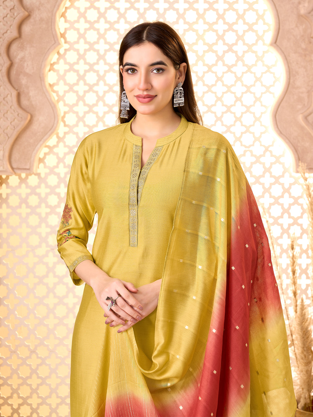 Yellow Silk Blend Suit Set with Dupatta