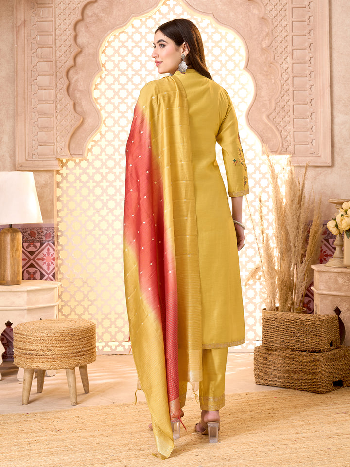 Yellow Silk Blend Suit Set with Dupatta
