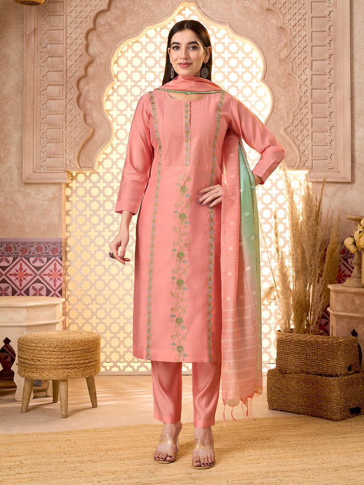Coral Silk Blend Suit Set with Dupatta