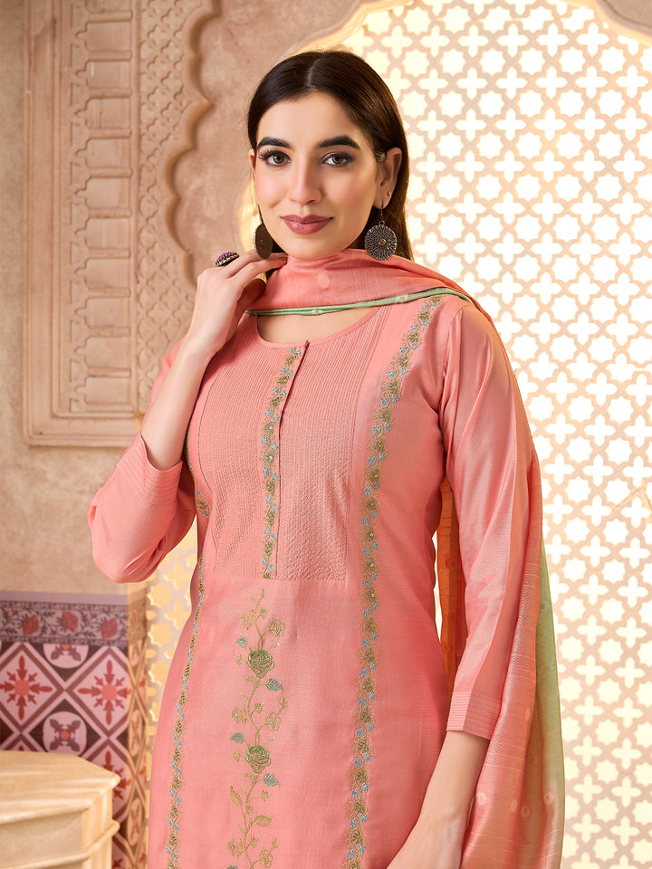 Coral Silk Blend Suit Set with Dupatta