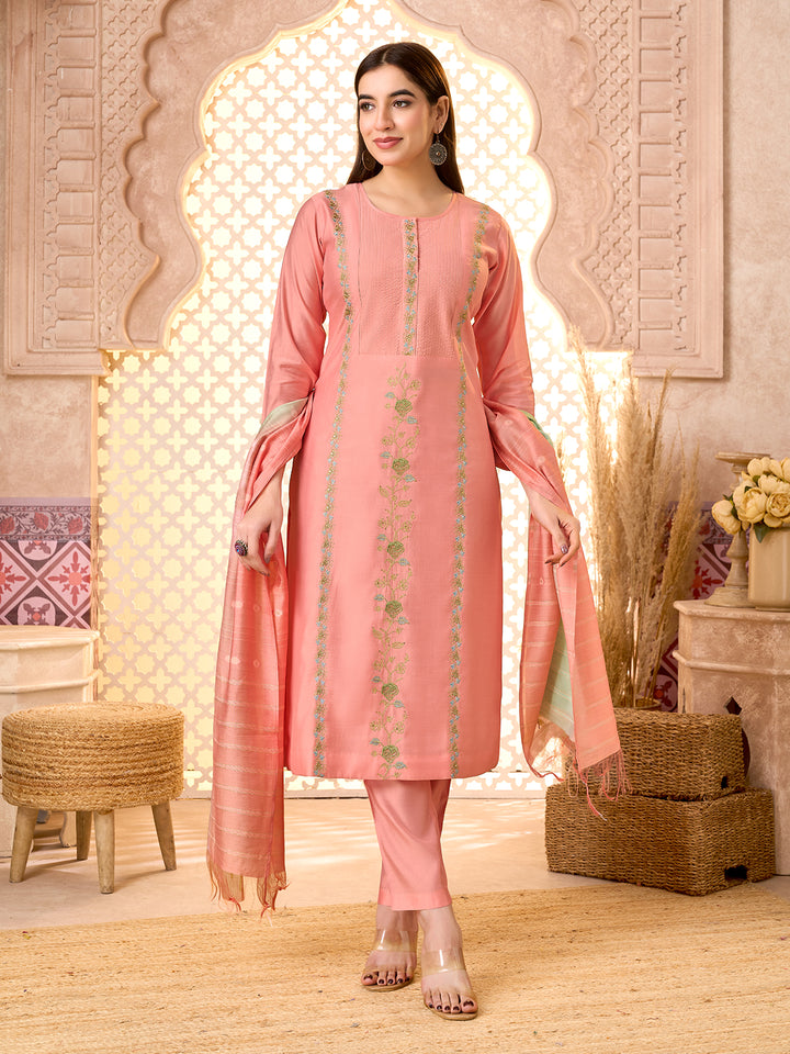 Coral Silk Blend Suit Set with Dupatta