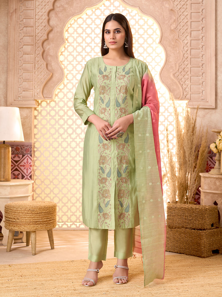Sage Green Silk Blend Suit Set with Dupatta