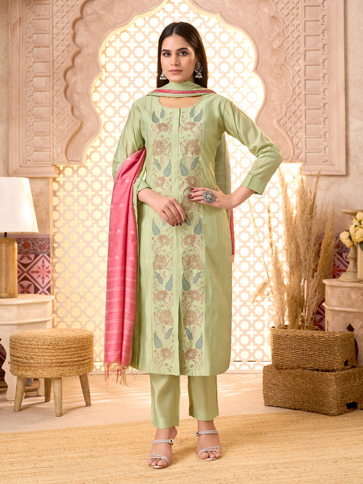 Sage Green Silk Blend Suit Set with Dupatta