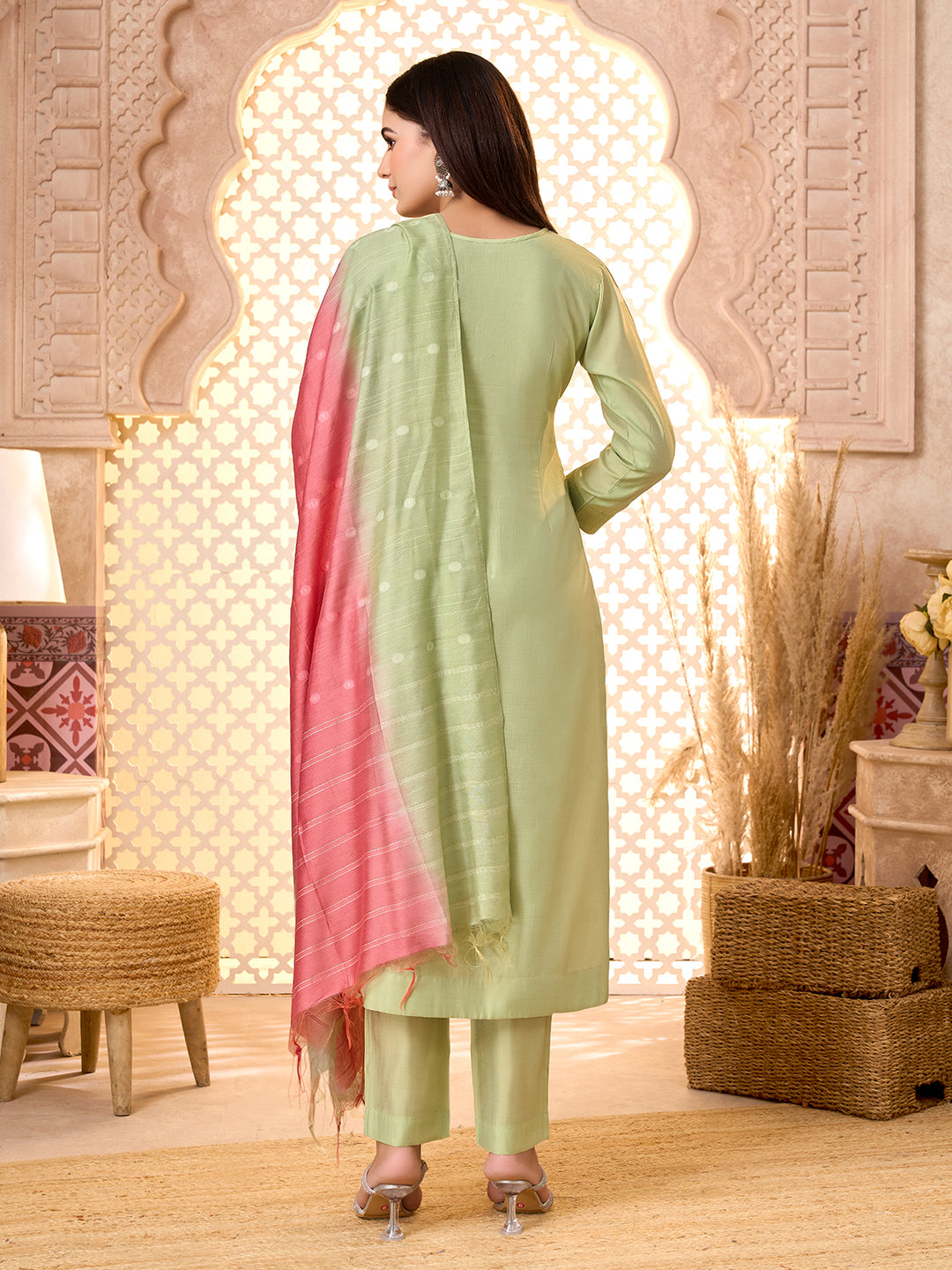 Sage Green Silk Blend Suit Set with Dupatta