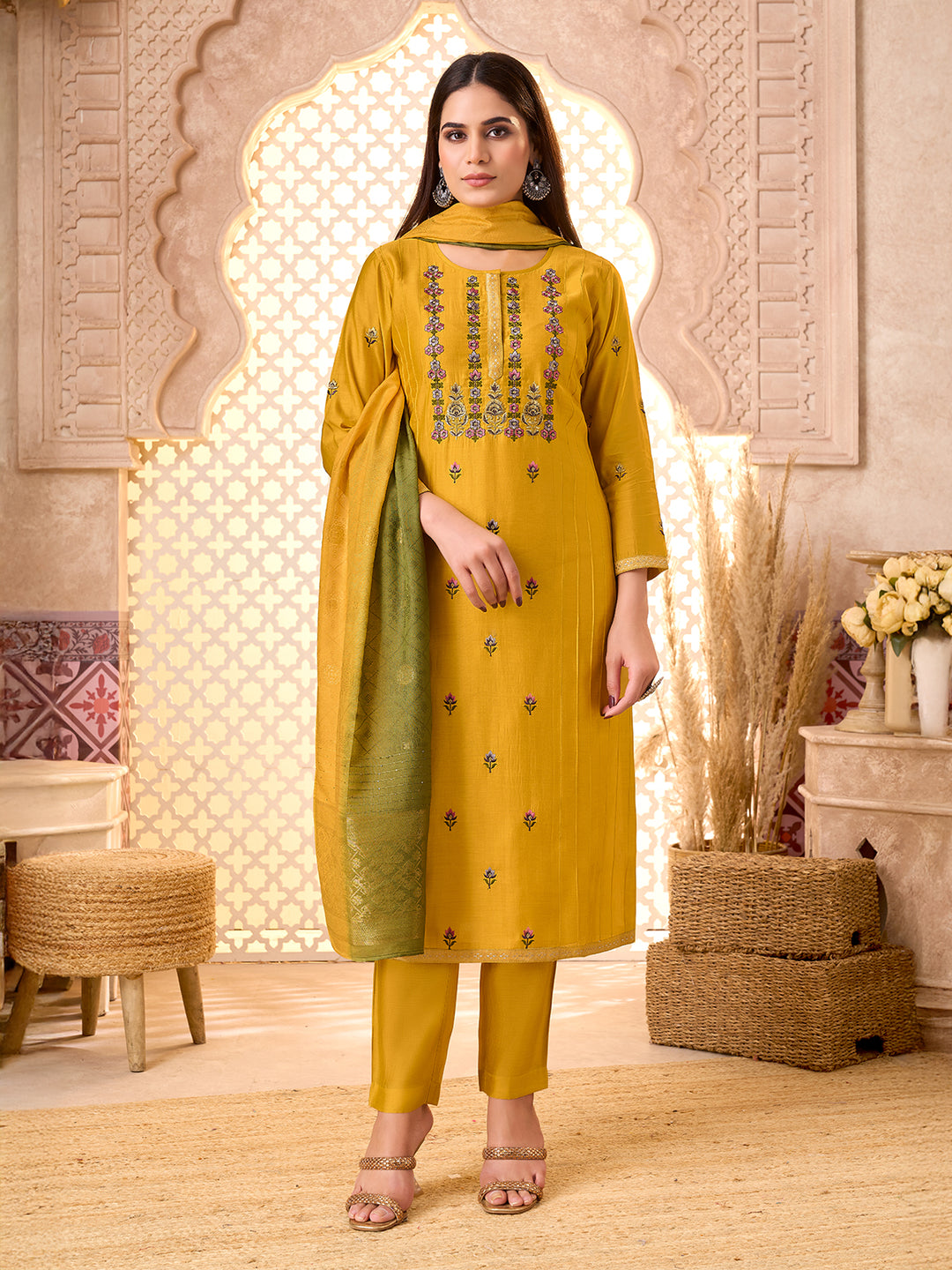 Mustard Silk Blend Suit Set with Dupatta
