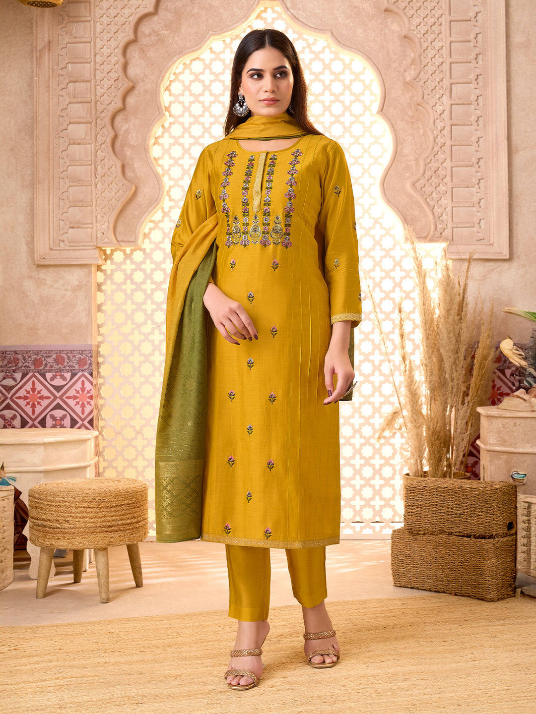 Mustard Silk Blend Suit Set with Dupatta