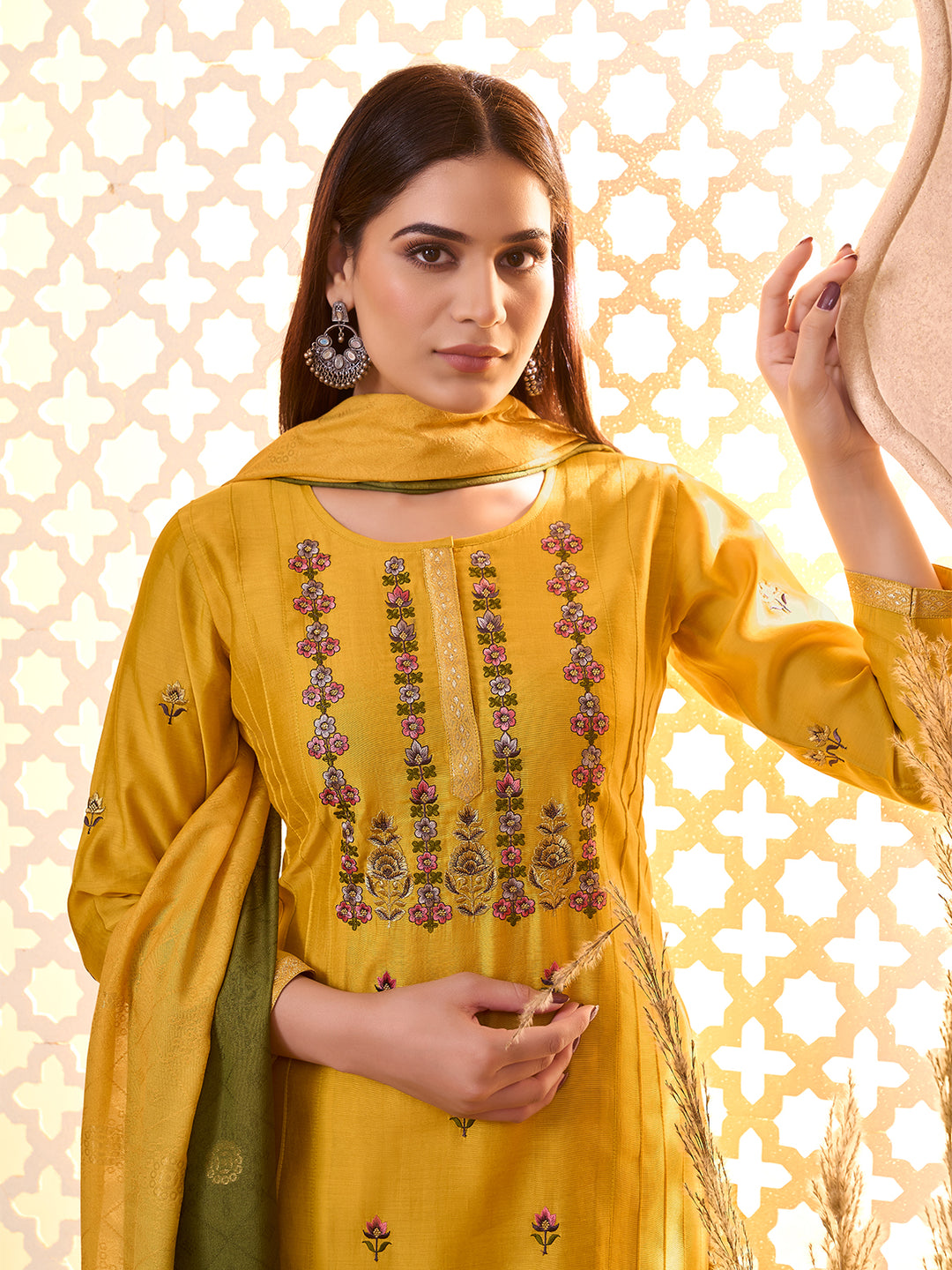 Mustard Silk Blend Suit Set with Dupatta