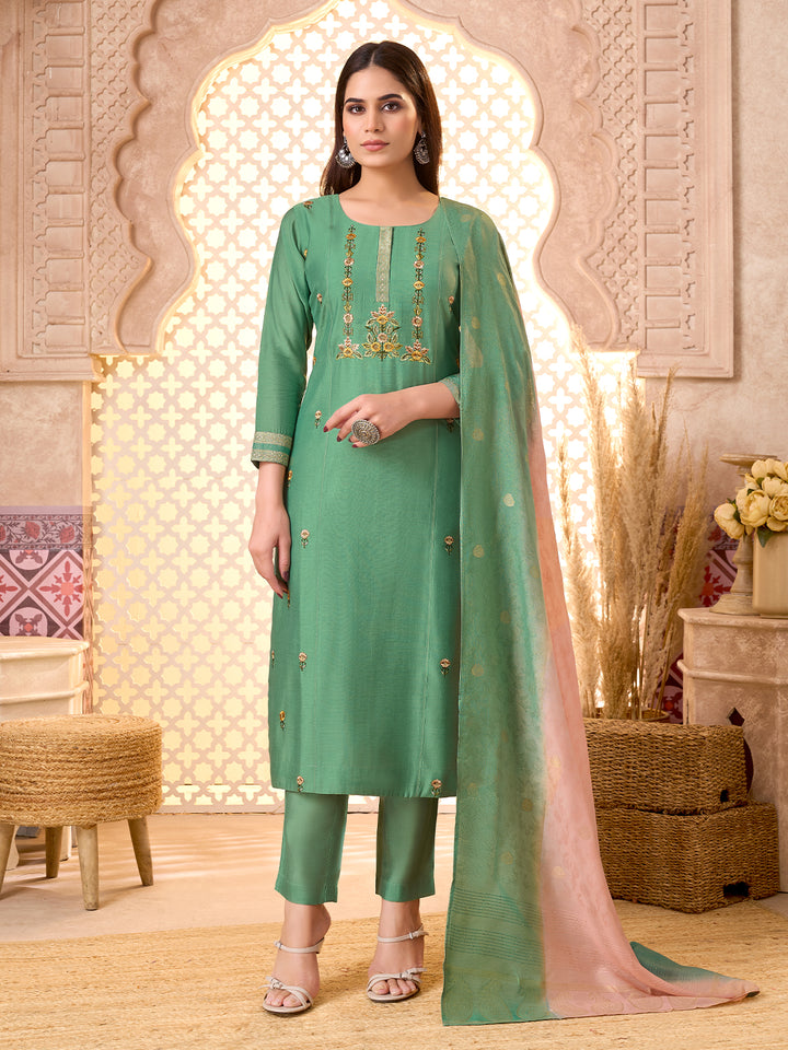 Green Silk Blend Suit Set