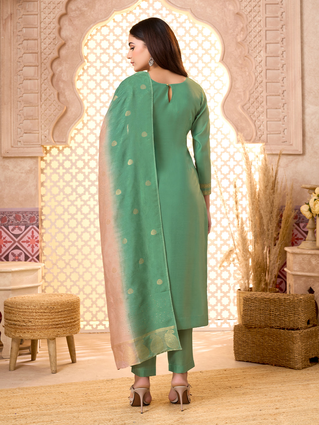 Green Silk Blend Suit Set
