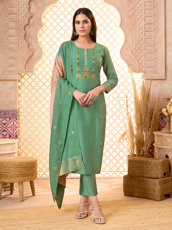 Green Silk Blend Suit Set