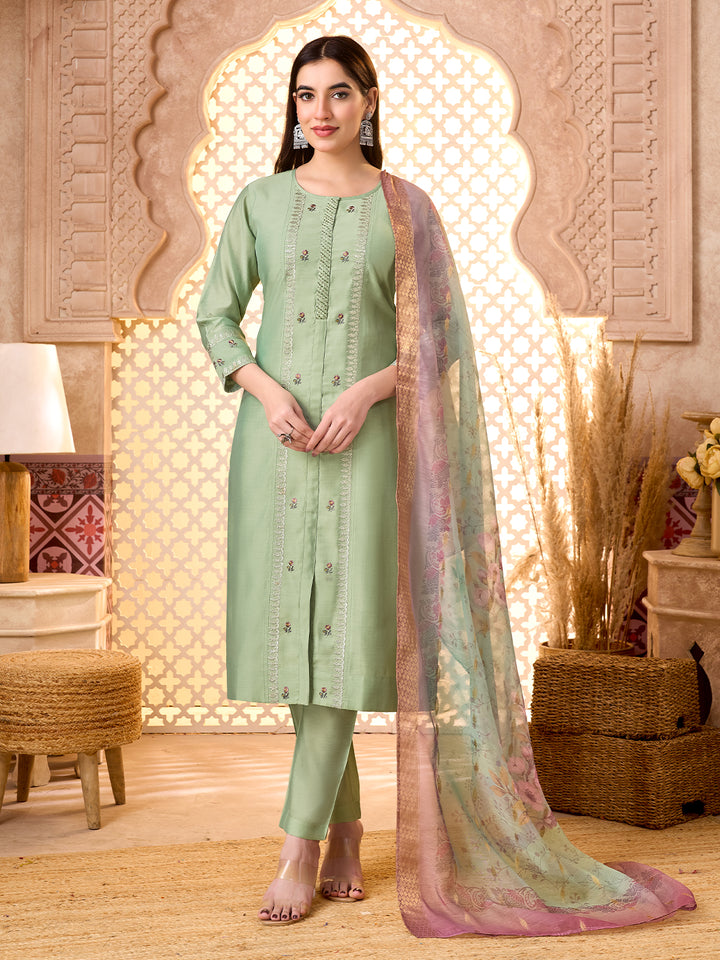 Sage Green Silk Blend Suit Set with Dupatta