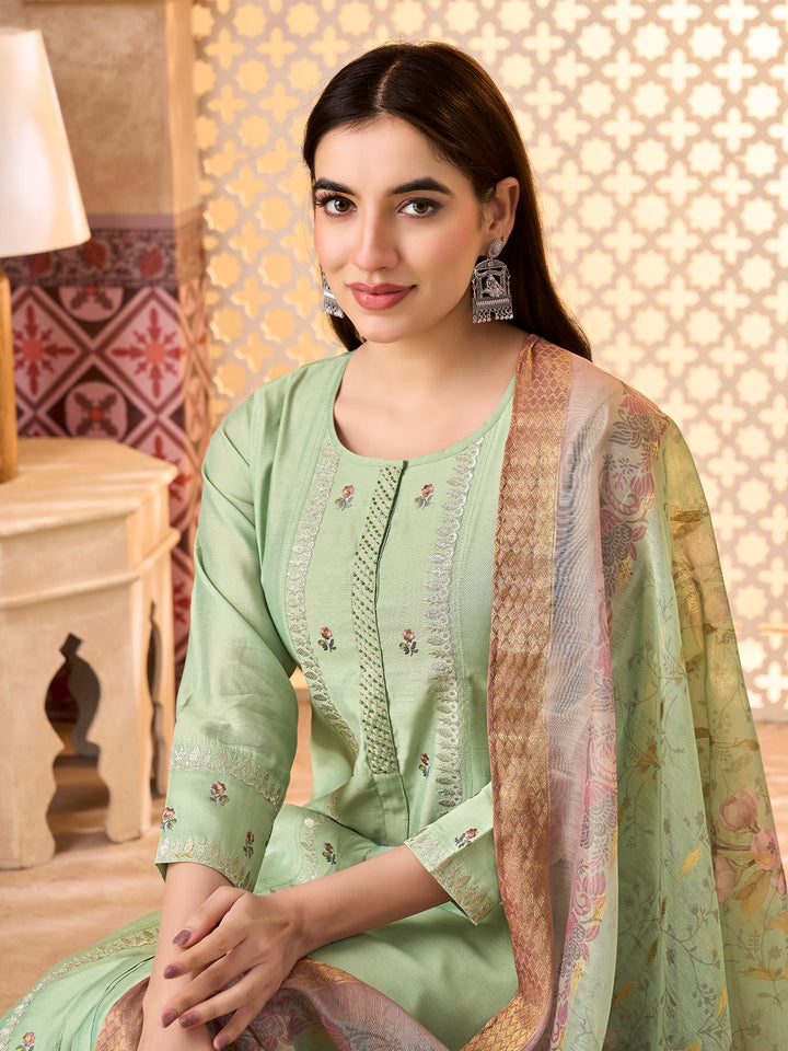 Sage Green Silk Blend Suit Set with Dupatta