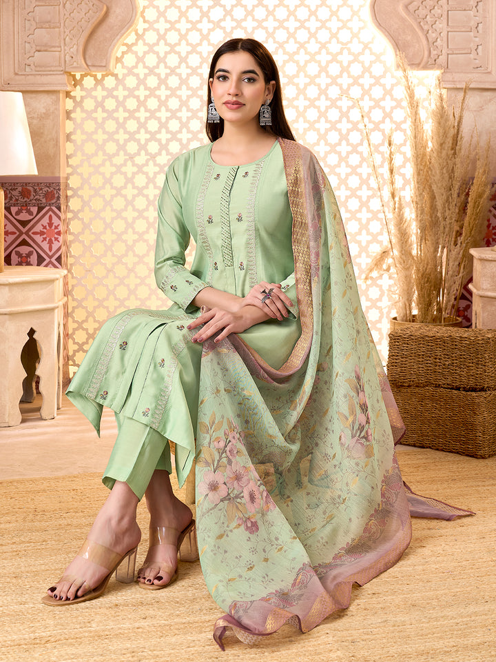Sage Green Silk Blend Suit Set with Dupatta