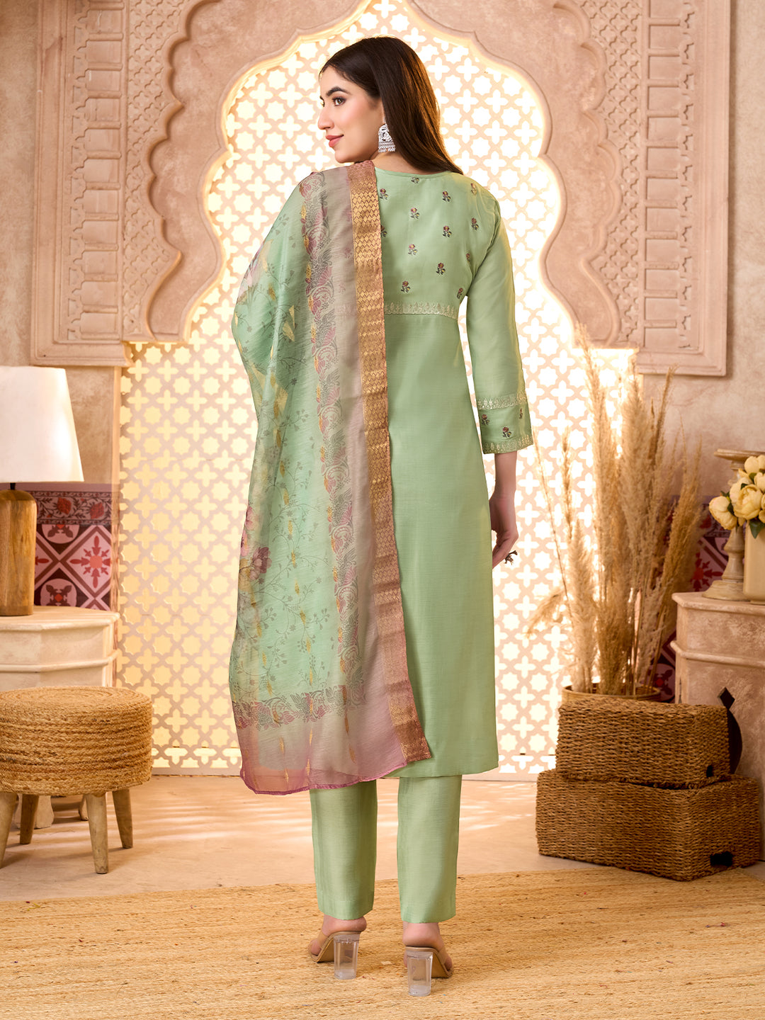 Sage Green Silk Blend Suit Set with Dupatta