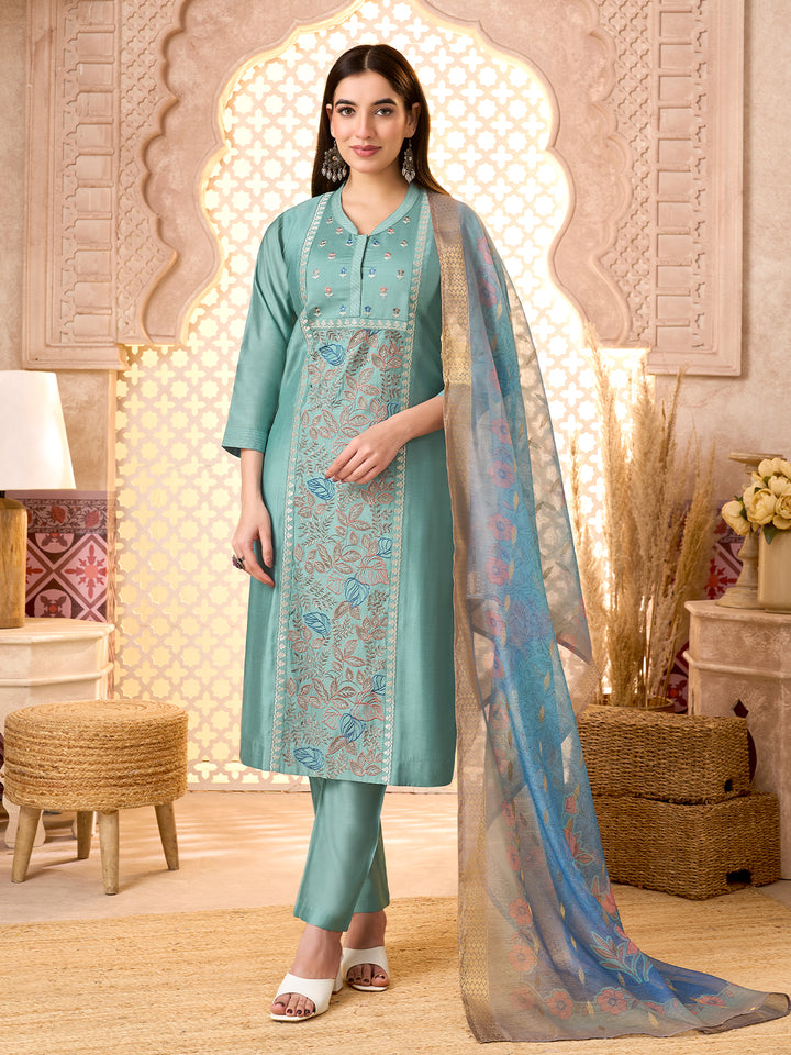 Dusty Blue Silk Blend Suit Set with Dupatta