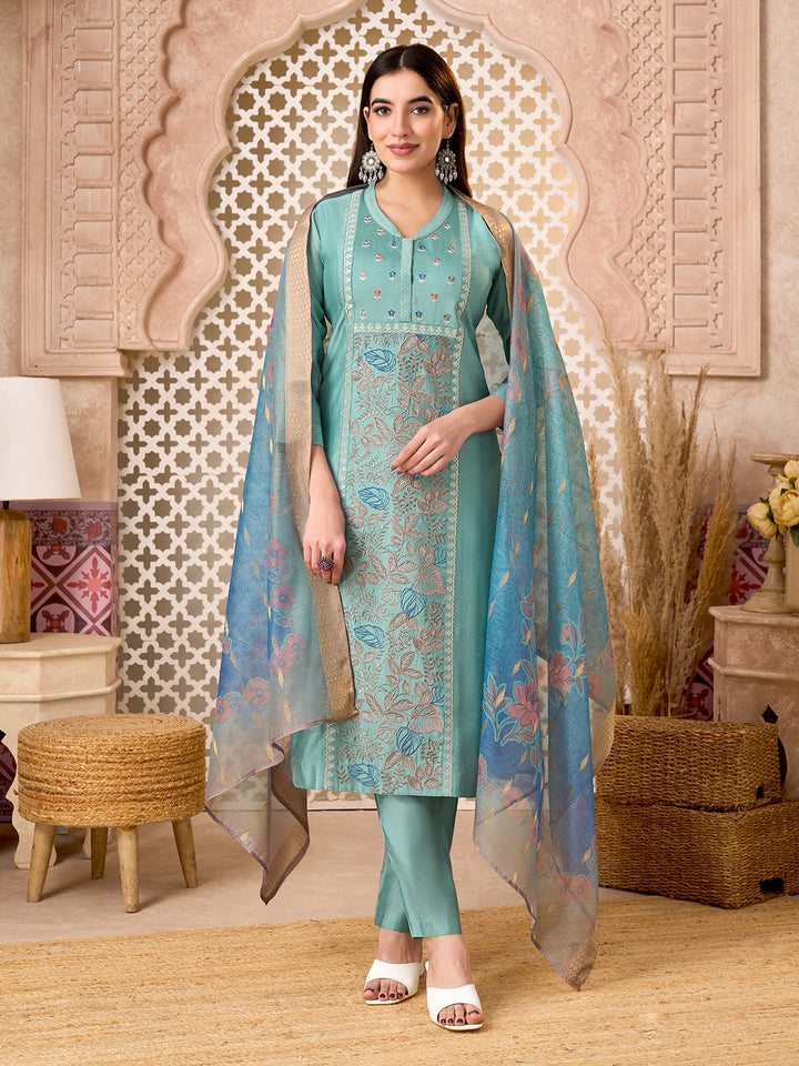 Dusty Blue Silk Blend Suit Set with Dupatta