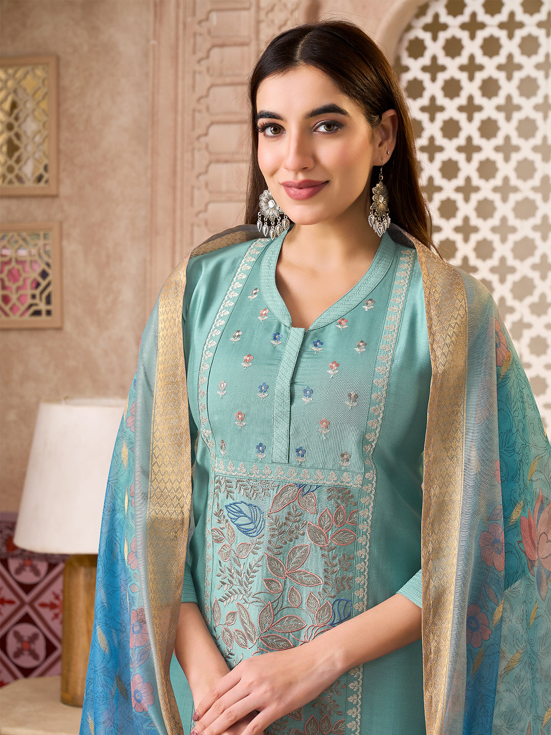 Dusty Blue Silk Blend Suit Set with Dupatta