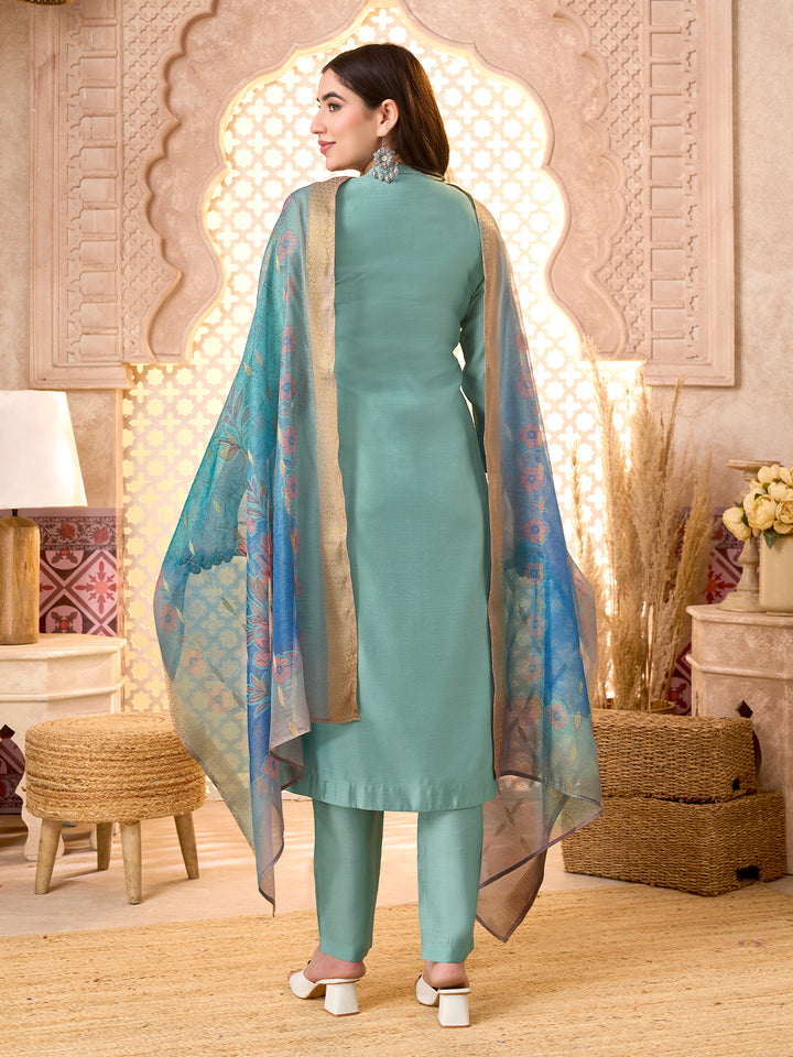 Dusty Blue Silk Blend Suit Set with Dupatta