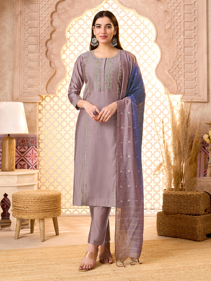 Mauve Silk Blend Suit Set with Dupatta