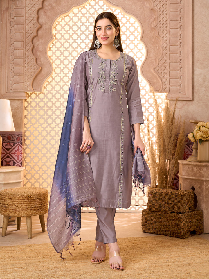 Mauve Silk Blend Suit Set with Dupatta