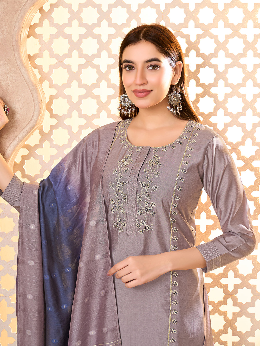 Mauve Silk Blend Suit Set with Dupatta