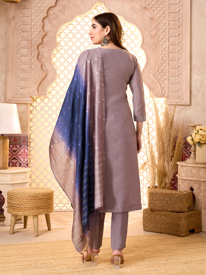 Mauve Silk Blend Suit Set with Dupatta