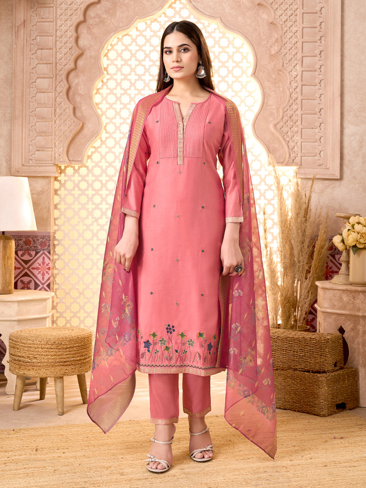 Pink Silk Blend Suit Set with Dupatta