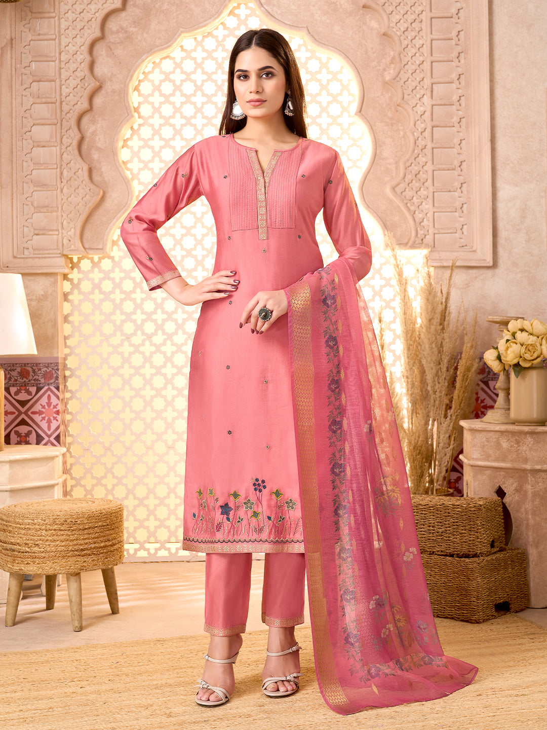 Pink Silk Blend Suit Set with Dupatta