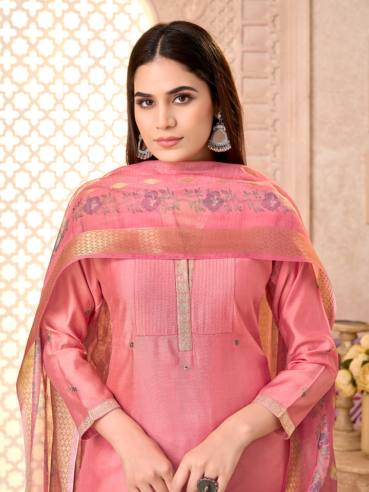 Pink Silk Blend Suit Set with Dupatta