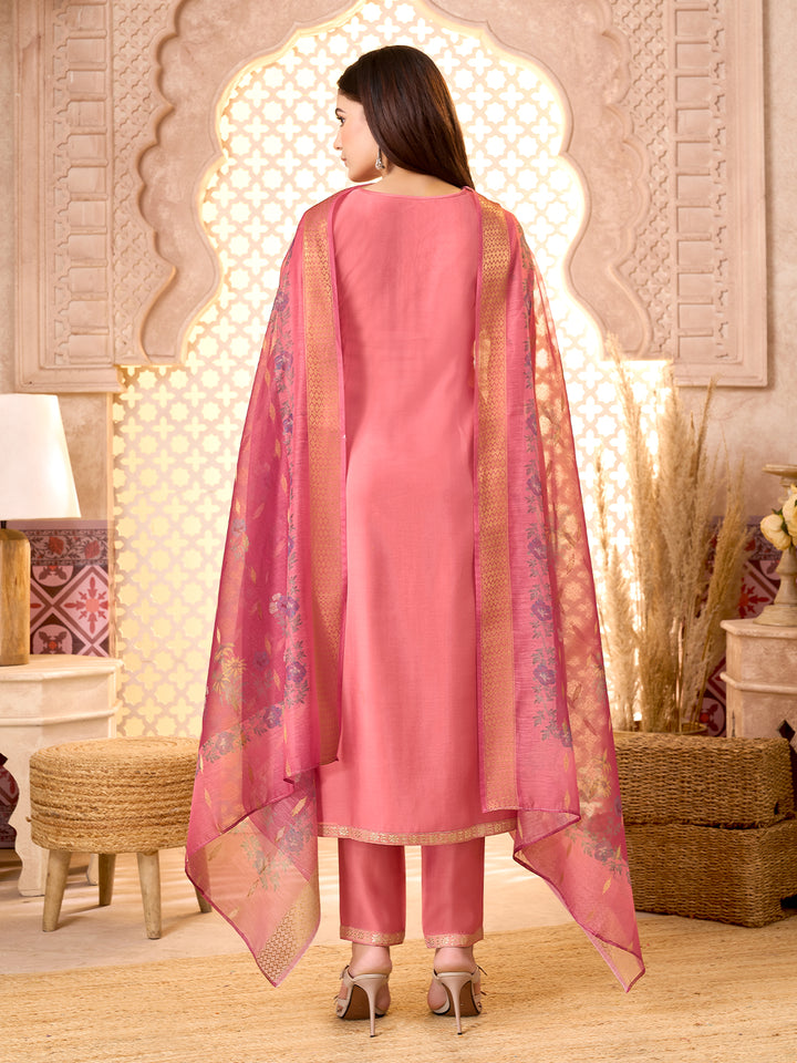 Pink Silk Blend Suit Set with Dupatta